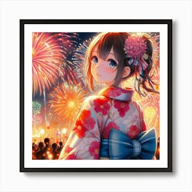 Japanese girl and fireworks Art Print