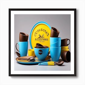 Blue And Brown Tableware Art Print