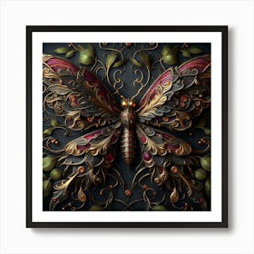 Gothic Butterfly in Ruby & Gold on Black Art Print