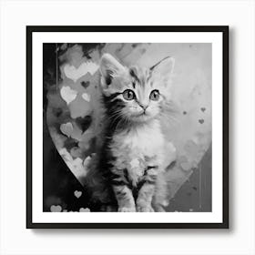 Black and White Valentine Kitten Art Print