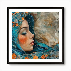 Woman In Blue with orange flowers - abstract art, abstract painting  city wall art, colorful wall art, home decor, minimal art, modern wall art, wall art, wall decoration, wall print colourful wall art, decor wall art, digital art, digital art download, interior wall art, downloadable art, eclectic wall, fantasy wall art, home decoration, home decor wall, printable art, printable wall art, wall art prints, artistic expression, contemporary, modern art print, Art Print