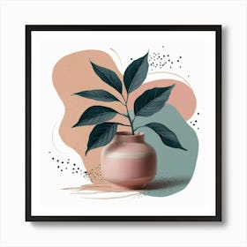A stunning painting of a plant with dark green leaves, artistically placed in a pink ceramic vase. Art Print