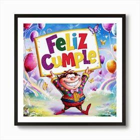 Feliz cumple and Feliz cumpleaños sign means Happy Birthday in Spanish language, Birthday party celebration gift with birthday cake candle colorful balloons best congratulation over light backgroundFeliz Cumple 14 Art Print