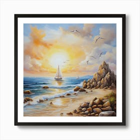 Oil painting design on canvas. Sandy beach rocks. Waves. Sailboat. Seagulls. The sun before sunset.34 Art Print