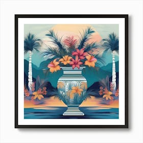 Flower Vase Decorated with Tropical Landscape and Palm Trees, Turquoise, Orange and White Art Print