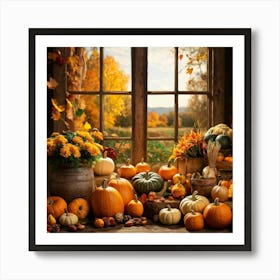 Autumn Harvest Celebration Captured In A Rustic Farmhouse Setting Pumpkins And Various Gourds Offer (4) Poster