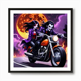 Spooky Couple On Motorcycle Art Print