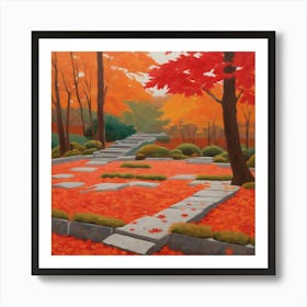 Japanese Zen Garden During Autumn Style of David Hockney 3 Art Print