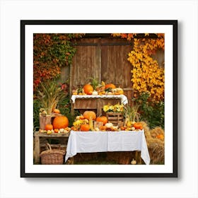 An Idyllic Rustic Autumn Setting A Basket Brimming With Fresh Harvest Of Corn And Pumpkin Wood Br (1) Art Print