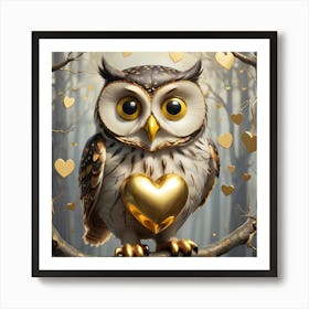 Golden Owl With Heart Art Print