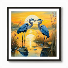 Blue Herons At Sunset Art Print