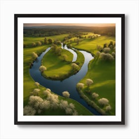 A Scenic Countryside Landscape With Green Meadows, Blooming Trees, And A Winding River 1 Affiche