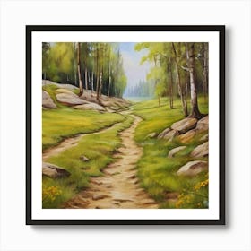 Path In The Woods.A dirt footpath in the forest. Spring season. Wild grasses on both ends of the path. Scattered rocks. Oil colors.15 Art Print