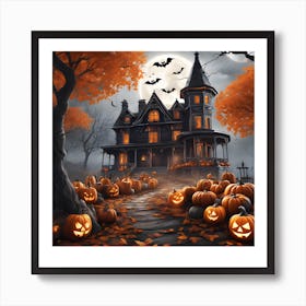 Halloween House With Pumpkins 2 Art Print