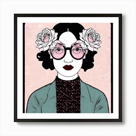 Woman With Flowers On Her Head With Rose Tinted Glasses Art Print