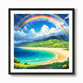 Rainbow Over The Beach, A Rainbow Emerging After A Storm Symbolizing Hope And New Beginnings Art Print