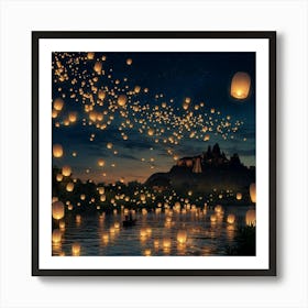 Romantic Wish Lanterns ,Couple Boat, Castle & Starry Sky Póster