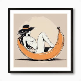 A Silhouette Of A Banana Wearing A Black Hat And Laying On Her Back On A Orange Screen, In The Style Art Print