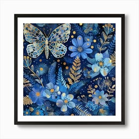 Blue Butterflies And Flowers Art Print