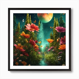 Flower Garden At Night Art Print