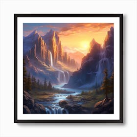 Waterfall In The Mountains Art Print