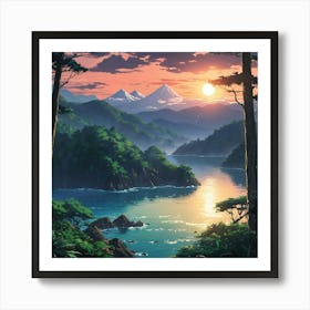 Serene Sunset Over A Tranquil Mountainous Lake Surrounded By Lush Forest Art Print