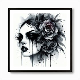 Gothic Girl With Roses 1 Art Print