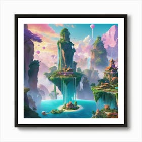 a surreal landscape where reality seamlessly melds with imagination. Envision floating islands suspended in pastel-colored skies, with cascading waterfalls defying gravity and exotic creatures roaming freely. Art Print