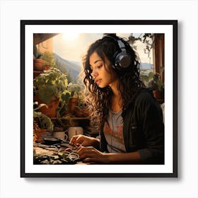 Girl Crafting And Listening To Music With Mountain View Art Print