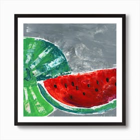 Watermelon - still life kitchen art painting square grey green red food Art Print