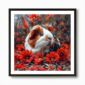 Guinea Pig Among Red Flowers Art Print