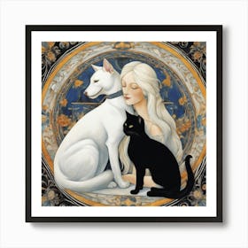 White Cat And A Black Dog Art Print