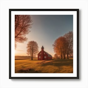 Red Church At Sunset Art Print