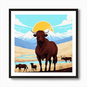 Bulls In The Mountains 4 Art Print