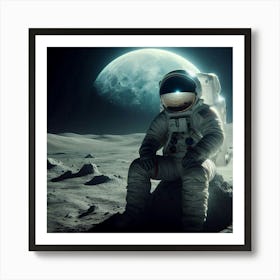 A photo of an astronaut sitting on the moon, with the moon in the background. The astronaut is wearing a spacesuit and has their helmet on. The moon is a large, round object with a cratered surface. The astronaut is sitting on a rock, with their legs crossed. Their arms are resting on their knees, and they are looking down at the ground. The moon's surface is covered in craters and rocks. The astronaut's footprints are visible in the ground. The moon is a barren, desolate place. There is no sign of life. The astronaut is alone. Art Print