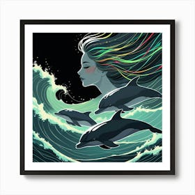 Girl and Dolphins 1 Art Print