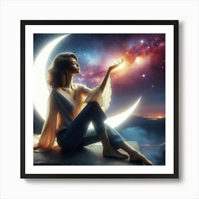 Beautiful Woman Sitting On The Moon Art Print