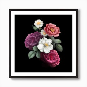 Roses On Black Background, vector floral illustration Art Print