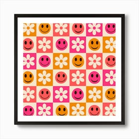 Checkered Colorful Smiling Faces with Flowers Art Print