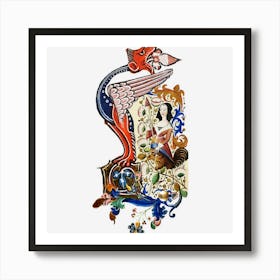 Weird Medieval Bestiary Dragon And Spinning Harpy Among Flowers Art Print