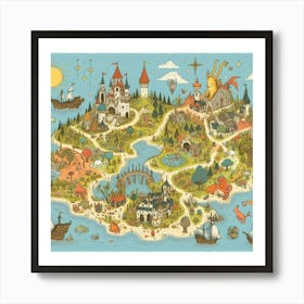 Charming Illustrated Map Of Imaginary Lands With Whimsical Creatures And Landmarks, Style Illustrated Map Art 1 Art Print