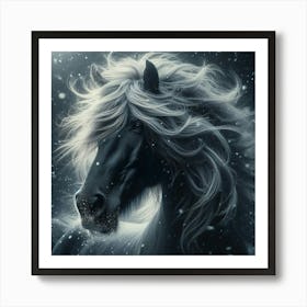 Black Horse In The Snow Art Print