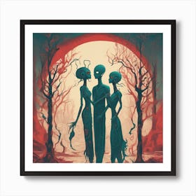 Alien Couple Painted To Mimic Humans, In The Style Of Surrealistic Elements, Folk Art Inspired Illu (2) Art Print