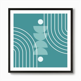 Modern Mid Century Sun, Moon Phases and Rainbow Abstract 35 in Teal Blue Green Art Print