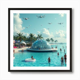 Tropical Cyber Beach With Futuristic Structures Art Print