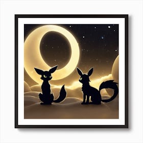 Two Eevees At The Moon Art Print