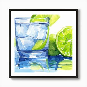 Watercolor Illustration Of A Glass Of Water And Limes Art Print