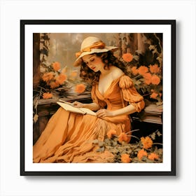 Romantic Reading Lady in a Floral Setting - Vintage Art Illustration Art Print