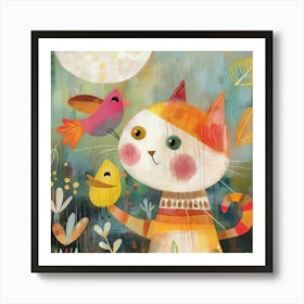 Cat And Birds Are Playing Together Art Print