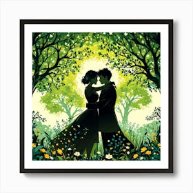 Couple In The Forest, Silhouettes Of Two People Hugging Surrounded By Elements Of Nature Flowers Trees Growing , Silhouette Of Couple In The Forest Art Print